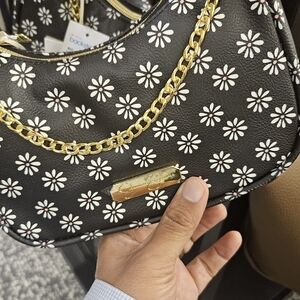 Jessica Simpson Black Floral Clutch with Gold Chain